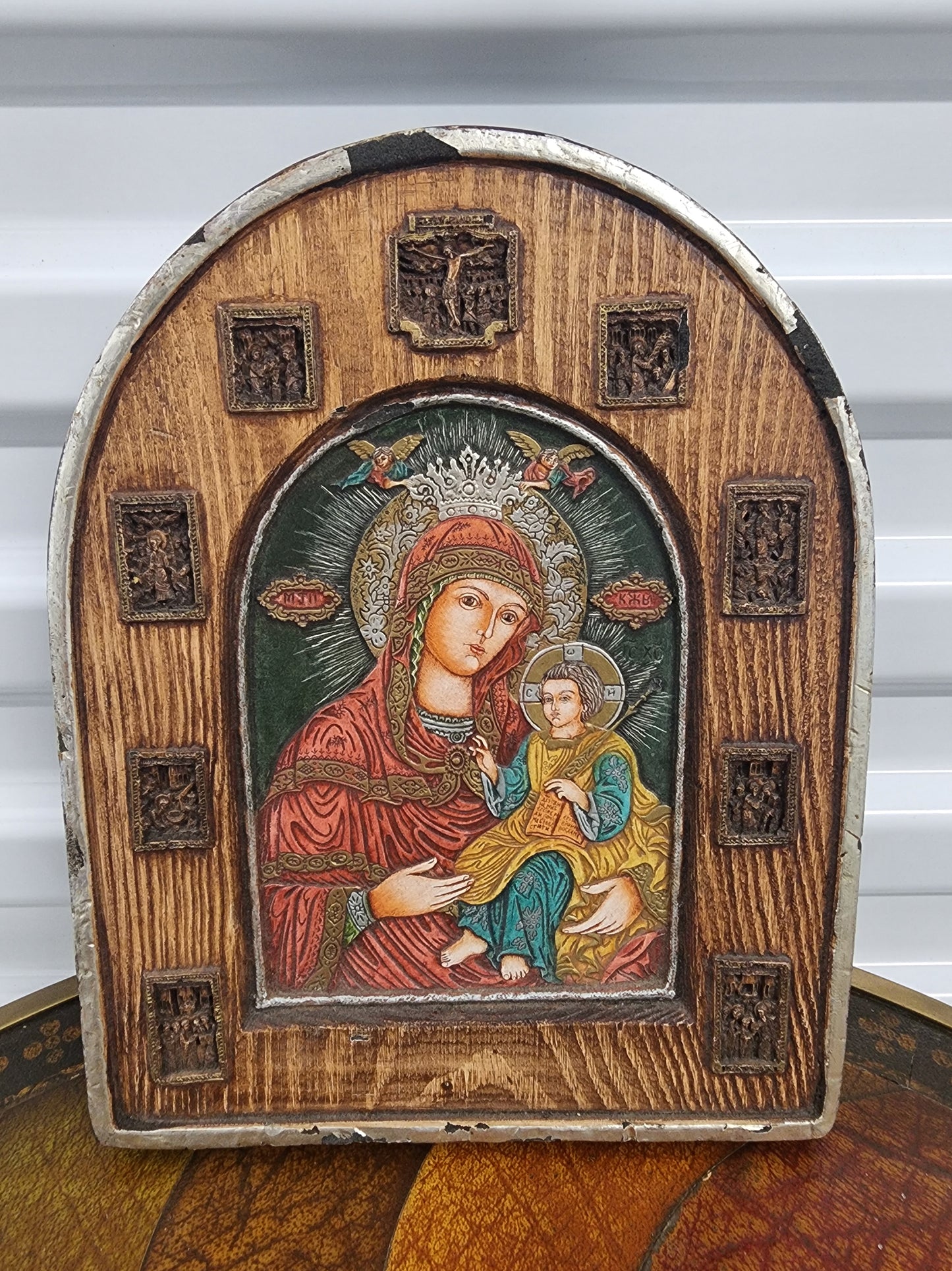 Madonna and Child Icon Arch Wood relief hand carved Eastern European by FEB