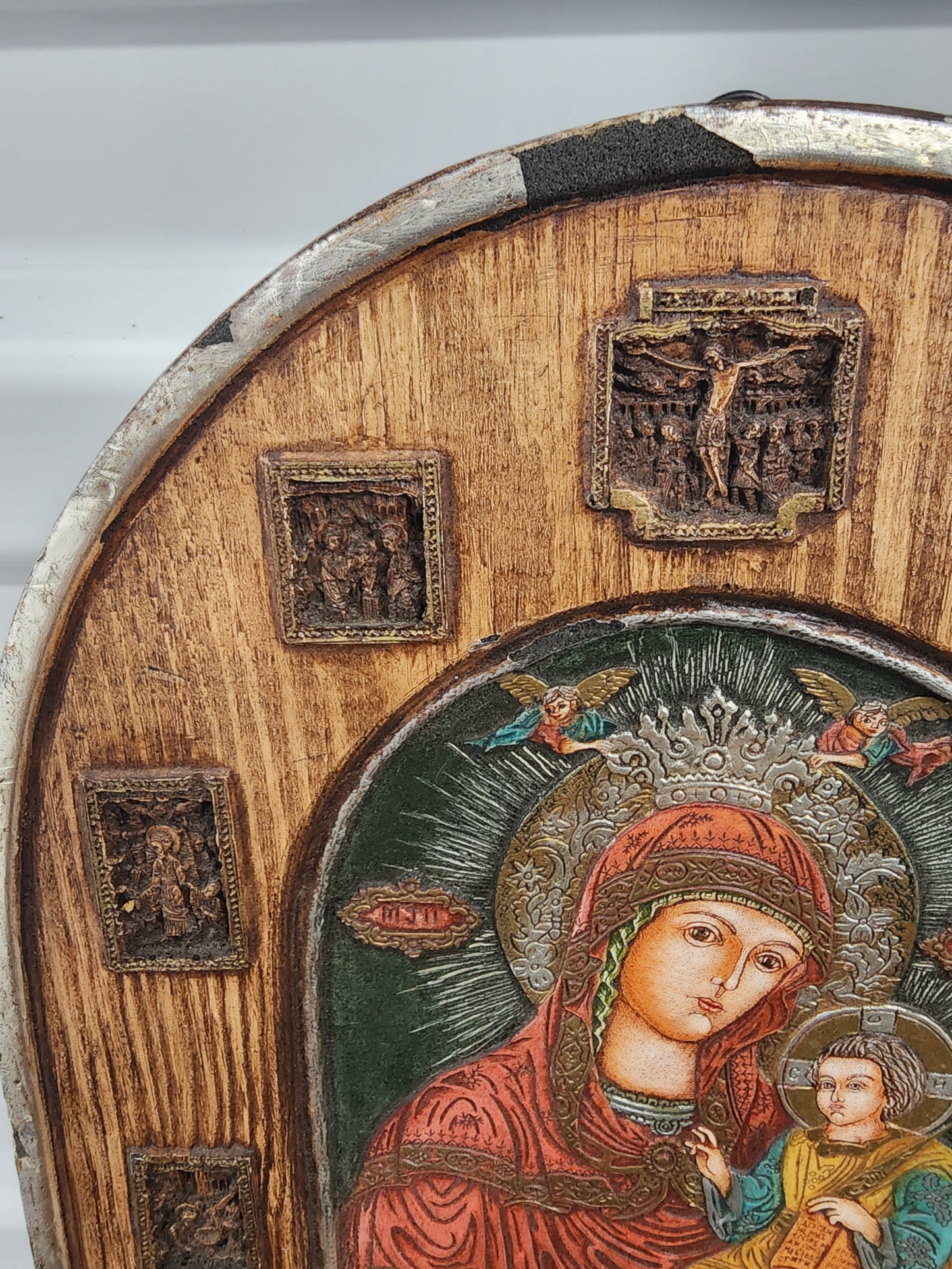 Madonna and Child Icon Arch Wood relief hand carved Eastern European by FEB