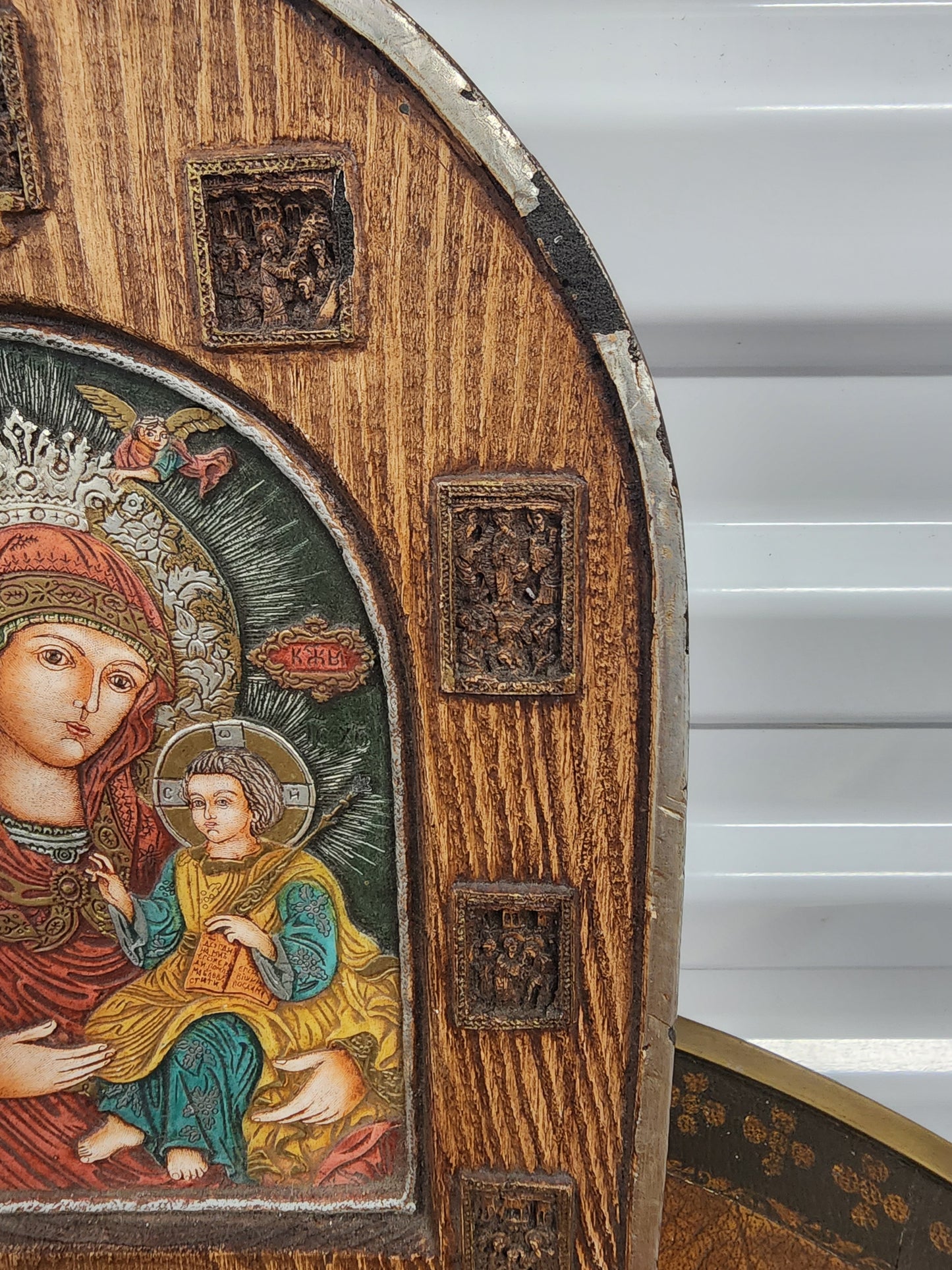 Madonna and Child Icon Arch Wood relief hand carved Eastern European by FEB