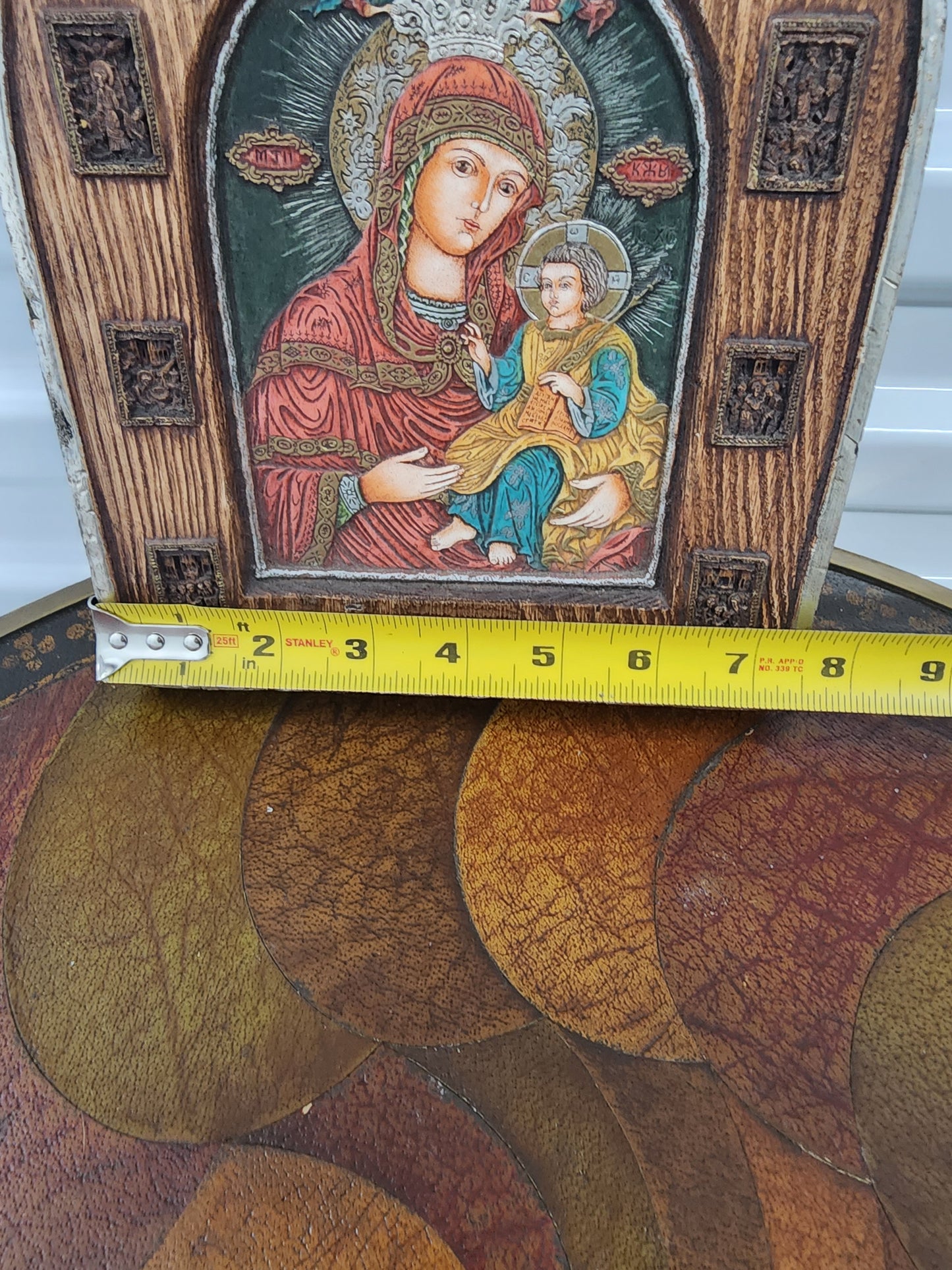 Madonna and Child Icon Arch Wood relief hand carved Eastern European by FEB