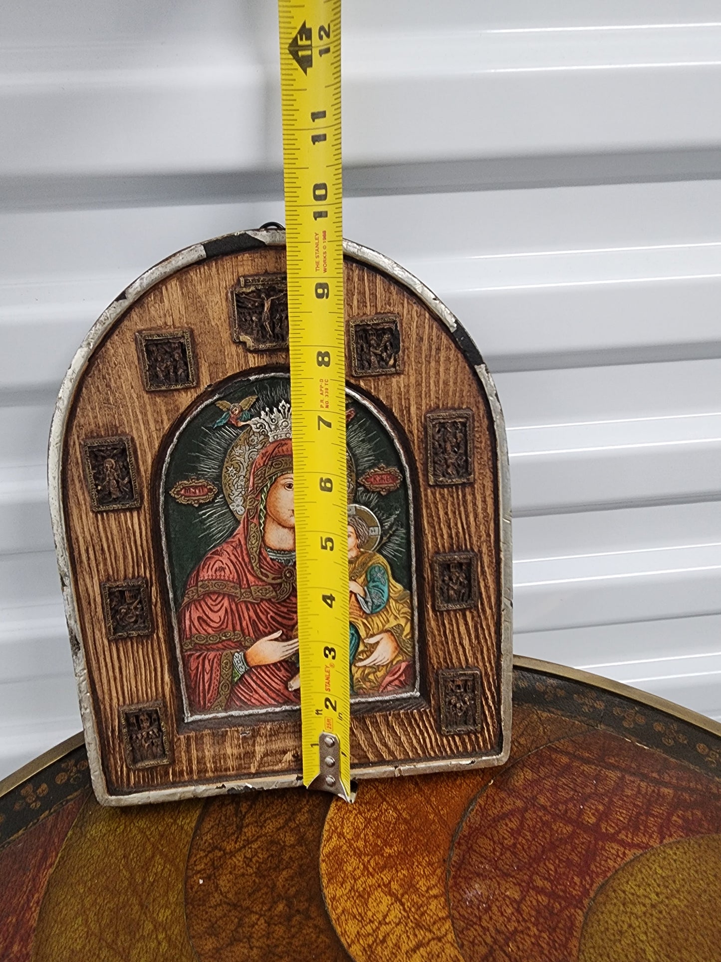 Madonna and Child Icon Arch Wood relief hand carved Eastern European by FEB